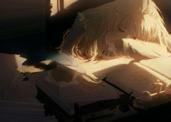 Rule 34 | 1girl, absurdres, arm pillow, athanasia de alger obelia, blonde hair, book, book stack, censer, commentary, eoneu nal gongjuga doeeobeoryeotda, facing viewer, hair ornament, head on table, head rest, head tilt, highres, holding, indoors, ink bottle, lace-trimmed sleeves, lace trim, long hair, long sleeves, open book, paper stack, quill, scroll, sleeping, solo, sunlight, xuanqing0726