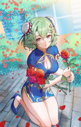Rule 34 | 1girl, blue eyes, breasts, bush, chibi vanille, china dress, chinese clothes, cleavage cutout, clothing cutout, commentary, curly hair, double-parted bangs, dress, eiyuu densetsu, english commentary, flower, full body, green hair, hair between eyes, high heels, holding, holding flower, kneeling, large breasts, musse egret, petals, red flower, red rose, rose, rose bush, sen no kiseki, short hair, smile, solo