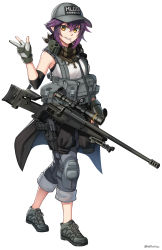 Rule 34 | 1girl, absurdres, bare shoulders, baseball cap, black jacket, blaser r93, bolt-action rifle, bolt action, breasts, clothes around waist, clothes writing, commentary request, ear protection, full body, gloves, grey footwear, grey gloves, grey hat, grey pants, grin, gun, h&amp;k vp9, hand up, handgun, hat, highres, jacket, jacket around waist, looking at viewer, military program, mouth hold, ndtwofives, original, pants, partially fingerless gloves, precision sniper rifle (military program), prototype design, purple hair, rifle, shirt, shoes, short hair, simple background, sleeveless, sleeveless shirt, small breasts, smile, sniper rifle, solo, standing, straight-pull rifle, straight pull, twitter username, weapon, white background, white shirt