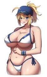 Rule 34 | 1girl, ahoge, artoria pendragon (fate), baseball cap, bikini, blonde hair, blue eyes, blue hat, blush, bra, breasts, cleavage, collarbone, commentary request, fate/grand order, fate (series), hair between eyes, hair through headwear, hat, highres, imuzi, large breasts, looking at viewer, medium hair, midriff, mysterious heroine x (fate), mysterious heroine xx (fate), navel, open mouth, ponytail, side-tie bikini bottom, simple background, solo, stomach, sweatband, swimsuit, underwear, white background, white bikini, wristband