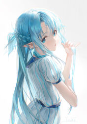 Rule 34 | 1girl, absurdres, artist name, asuna (sao), asuna (sao-alo), asymmetrical bangs, blue eyes, blue hair, braid, commentary request, dress, elf, facing to the side, fairy (sao), french braid, from side, highres, holding own arm, long hair, looking at viewer, open mouth, playing with own hair, pointy ears, short ponytail, short sleeves, simple background, solo, sword art online, very long hair, white dress, yuuki (yuuki08435994)