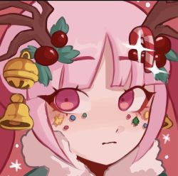 Rule 34 | 1girl, antlers, bell, candy, candy cane, child, close-up, closed mouth, danganronpa (series), danganronpa another episode: ultra despair girls, despair sauce (artist), eyelashes, female focus, food, hair bell, hair ornament, horns, looking at viewer, matching hair/eyes, nose, pink eyes, pink hair, red background, reindeer antlers, simple background, solo, utsugi kotoko, wavy mouth