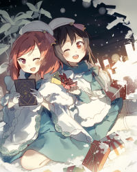 Rule 34 | 10s, 2girls, ;d, asuka (louyun), bad id, bad pixiv id, bell, beret, black hair, blue dress, book, bow, box, brown eyes, brown hair, cape, cardigan, dress, gift, gift box, gloves, hat, looking at viewer, love live!, love live! school idol festival, love live! school idol project, md5 mismatch, multiple girls, nishikino maki, one eye closed, open cardigan, open clothes, open mouth, smile, snow, white gloves, yazawa nico
