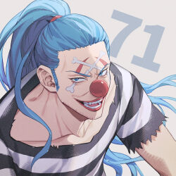 Rule 34 | 1boy, beard stubble, blue eyes, blue hair, buggy the clown, commentary request, facial hair, floating hair, hair tie, looking at viewer, makeup, male focus, numbered, one piece, open mouth, ponytail, red lips, red nose, shirt, sideburns, simple background, smile, solo, striped clothes, striped shirt, stubble, upper body, yoshicha