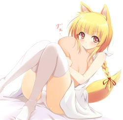 Rule 34 | 1girl, :&lt;, animal ears, bad id, bad pixiv id, blonde hair, blush, braid, frown, hugging object, original, panties, pillow, pillow hug, sitting, solo, tail, tears, thighhighs, underwear, violetshit, white thighhighs, wolf ears, wolf tail, yellow eyes