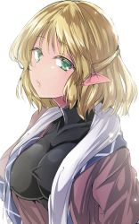 Rule 34 | 1girl, black shirt, blonde hair, breasts, brown shirt, commentary request, green eyes, highres, large breasts, looking at viewer, mizuhashi parsee, one-hour drawing challenge, open clothes, open shirt, parted lips, pointy ears, shirt, short hair, simple background, solo, touhou, upper body, white background, y2