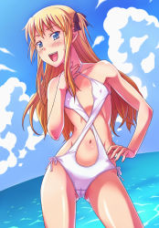 Rule 34 | 1girl, bad id, bad pixiv id, blue eyes, casual one-piece swimsuit, e20, covered erect nipples, flat chest, long hair, one-piece swimsuit, quiz magic academy, shalon, solo, swimsuit