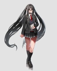 Rule 34 | 1girl, absurdres, akuta hinako, black-framed eyewear, black collar, black footwear, black hair, black jacket, black skirt, black socks, blazer, book, brown eyes, collar, collared shirt, commentary request, crossed legs, fate/grand order, fate (series), full body, glasses, grey vest, highres, holding, holding book, jacket, kneehighs, loafers, long hair, long sleeves, necktie, open clothes, open jacket, open mouth, pleated skirt, red necktie, school uniform, shibao aoyama, shirt, shoes, simple background, skirt, socks, solo, standing, twintails, very long hair, vest, watson cross, white background, white shirt