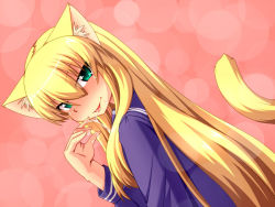 Rule 34 | animal ears, artist request, blonde hair, cat ears, character request, green eyes, licking, long hair, nokoppa, saliva, saliva trail, source request