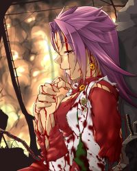 Rule 34 | 10s, 1girl, amputee, blood, destruction, earrings, fire, from side, half-closed eyes, highres, impaled, injury, japanese clothes, jewelry, jun&#039;you (kancolle), kantai collection, long hair, minobu jentoru, minobuj, profile, purple eyes, purple hair, ring, severed arm, severed limb, smile, solo, tears, torn clothes, wedding band