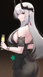Rule 34 | 1girl, absurdres, arknights, ass, bare back, bare shoulders, black choker, black dress, bracelet, breasts, choker, commentary request, cowboy shot, cup, dress, drinking glass, earrings, gradient background, highres, holding, holding cup, horns, jewelry, kanta (kanta 077), large breasts, long hair, looking at viewer, mudrock (arknights), mudrock (obsidian) (arknights), official alternate costume, pointy ears, red eyes, shoulder blades, sideboob, sidelocks, sleeveless, sleeveless dress, smile, solo, white hair