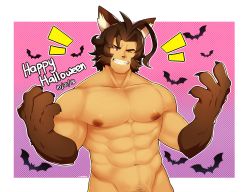 Rule 34 | 1boy, abs, absurdres, animal ears, animal hands, bara, bat (animal), black vest, body fur, brown hair, completely nude, cowboy shot, dragalia lost, fujimachine (clayten), grin, groin, halloween, halloween costume, happy halloween, highres, jewelry, large pectorals, male focus, male pubic hair, messy hair, muscular, muscular male, navel, navel hair, necklace, nipples, nude, off shoulder, one eye closed, out-of-frame censoring, partially unbuttoned, pectoral cleavage, pectorals, pubic hair, ranzal (dragalia lost), red eyes, short hair, smile, solo, stomach, tooth necklace, veins, vest, wolf boy, wolf ears