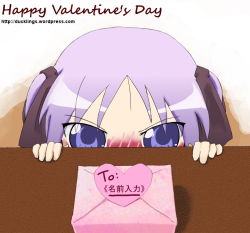 Rule 34 | 00s, 1girl, blush, bow, frown, gift, hair bow, heart, hiiragi kagami, lucky star, purple eyes, purple hair, solo, tsundere, twintails, valentine