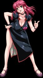 Rule 34 | 00s, 1girl, :d, bent over, black background, black dress, boin, boin lecture, breasts, china dress, chinese clothes, choker, cleavage, dress, facing viewer, floating hair, floral print, flower, flower print, full body, game cg, green eyes, hand on own hip, hand up, happoubi jin, happy, head tilt, high heels, highres, huge breasts, iihara nao, index finger raised, large breasts, leaning forward, legs apart, long hair, looking at viewer, no socks, open mouth, pink hair, red hair, rose, rose print, shoes, short sleeves, simple background, smile, solo, standing, tachi-e, teeth, tongue, wristband