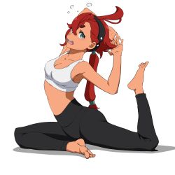 Rule 34 | 1girl, absurdres, barefoot, breasts, cleavage, collarbone, commentary request, crop top, feet, green eyes, gundam, gundam suisei no majo, hide12862152, highres, long hair, looking at viewer, medium breasts, open mouth, pants, red hair, shirt, simple background, sleeveless, sleeveless shirt, solo, stretching, suletta mercury, teeth, thick eyebrows, upper teeth only, white background, white shirt, yoga pants