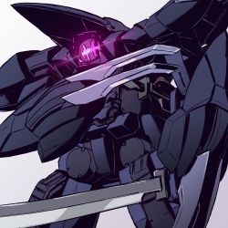 Rule 34 | brady phantom, claws, glowing, head tilt, highres, holding, holding sword, holding weapon, kyoukai senki, looking at viewer, mecha, no humans, robot, science fiction, solo, sword, visor, voldox, weapon, white background