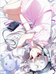 Rule 34 | 10s, 1girl, absolute duo, absurdres, bed, cassette player, headphones, highres, long hair, nightgown, red eyes, screencap, silver hair, solo, stuffed animal, stuffed rabbit, stuffed toy, yurie sigtuna