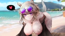 Rule 34 | 1girl, all fours, animal ears, arknights, beach, breasts, breasts out, large breasts, purple eyes, rkzrok, solo, sunglasses, sunglasses on head, tail, utage (arknights), utage (summer flowers) (arknights)