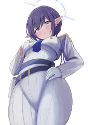 Rule 34 | 1girl, aoi (blue archive), bamiyanpixel, blue archive, blue halo, blue necktie, blush, breasts, closed mouth, cowboy shot, dress, from below, halo, hand on own hip, highres, long sleeves, looking at viewer, looking down, medium breasts, necktie, pointy ears, purple eyes, purple hair, shirt, short hair, simple background, solo, white background, white dress, white shirt