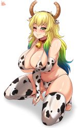 Rule 34 | 1girl, animal costume, animal ears, animal print, arm under breasts, artist name, bare shoulders, bell, bikini, blonde hair, blood, blue hair, blush, breasts, cameltoe, cleavage, closed mouth, collar, cow costume, cow ears, cow print, cow print bikini, cowbell, curvy, dragon girl, dragon horns, elbow gloves, fake animal ears, fingerless gloves, gloves, gradient hair, green eyes, green hair, heterochromia, highres, horns, huge breasts, jewelry, jmg, kneeling, kobayashi-san chi no maidragon, long hair, looking at viewer, lucoa (maidragon), multicolored hair, navel, neck bell, one eye closed, print bikini, ring, smile, solo, swimsuit, thighhighs, thong, thong bikini, toes, very long hair, white background, wide hips, yellow pupils