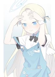Rule 34 | 1girl, apron, arms up, black ribbon, blonde hair, blue apron, blue archive, blue eyes, closed mouth, collared shirt, forehead, halo, hands up, highres, light blush, long hair, mini wings, name tag, pout, ribbon, scrunchie, shirt, short eyebrows, short sleeves, simple background, solo, sora (blue archive), strap slip, striped ribbon, todatanoto, touching forehead, two side up, white scrunchie, white shirt, wings, wrist scrunchie