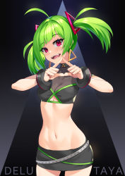 Rule 34 | 1girl, absurdres, black skirt, bracelet, breasts, character name, clothing cutout, delruki, delutaya, earrings, fangs, green hair, highres, jewelry, microskirt, midriff, mk (lazymk), navel, open mouth, own hands together, pencil skirt, pink eyes, skirt, small breasts, smile, solo, tight skirt, triangle earrings, twintails, underboob cutout, virtual youtuber