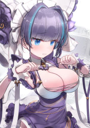 Rule 34 | 1girl, armpits, azur lane, blue eyes, blunt bangs, blush, breasts, cheshire (azur lane), cleavage, closed mouth, dress, frilled dress, frills, gold, hair intakes, highres, jitome, large breasts, looking at breasts, maid, maid headdress, multicolored hair, purple hair, skindentation, solo, strap pull, streaked hair, tansan daisuki, underbust, upper body, wavy mouth, wind, wind lift, wrist cuffs