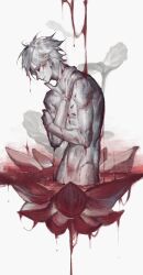 Rule 34 | 1boy, absurdres, blood, closed eyes, colored skin, fate/grand order, fate (series), flower, from side, grey background, highres, karna (fate), lotus, male focus, nude, partially submerged, profile, sailin, short hair, solo, toned, toned male, topless male, upper body, white hair, white skin
