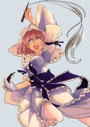 Rule 34 | 1girl, arm up, blue background, blue dress, bow, bowl, chopsticks, dress, food, frilled dress, frills, hat, long sleeves, looking up, mob cap, numany, obi, open mouth, pink eyes, pink hair, puffy sleeves, ribbon, saigyouji yuyuko, sash, short hair, simple background, smile, solo, sparkle, touhou, veil, wide sleeves