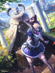 Rule 34 | 1girl, arch, ascot, black hair, black thighhighs, blue skirt, blue sky, bracelet, cloud, collar, column, day, dutch angle, frilled collar, frills, grass, horns, image sample, invisible, jewelry, legend of the cryptids, looking at viewer, luggage, mask, outdoors, petals, pillar, plant, purple eyes, shuichi wada, skirt, sky, spiked bracelet, spikes, standing, thighhighs, watermark