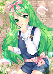 Rule 34 | 1girl, blush, bow, brick wall, clenched hand, collared shirt, commentary request, cowboy shot, frilled shirt collar, frilled sleeves, frills, green eyes, green hair, hair bow, hand to own mouth, hand up, long hair, long sleeves, misaki (misaki86), original, overall shorts, overalls, parted lips, pink bow, polka dot, polka dot bow, shirt, solo, very long hair, white shirt