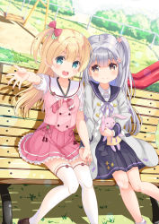 Rule 34 | 2girls, :d, arima fuuka, bench, black skirt, blonde hair, blue eyes, bow, brown eyes, day, dress, flower, grass, grey hair, hair bow, hair flower, hair ornament, holding hands, highres, holding, holding stuffed toy, kanade baden yufuin, knees together feet apart, looking at viewer, multiple girls, onsen musume, open mouth, outdoors, outstretched hand, park bench, pink dress, playground, shadow, side ponytail, sitting, skirt, slide, smile, stuffed animal, stuffed rabbit, stuffed toy, swing set, thighhighs, white legwear, yukiha kanade