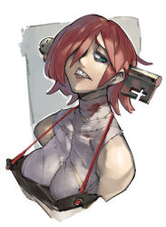 Rule 34 | 1girl, a.b.a, bandages, bare shoulders, blood, breasts, commentary, green eyes, guilty gear, hair over one eye, highres, key, large breasts, looking at viewer, pale skin, red hair, sharp teeth, short hair, solo, teeth, upper body, zako (arvinry)