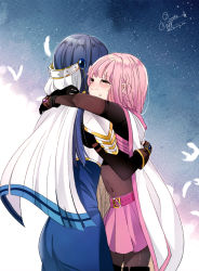 Rule 34 | 2girls, armor, arms around neck, arms around waist, belt, black footwear, black gloves, blue background, blue dress, blue hair, blunt bangs, blush, boots, braid, christy mii, cloak, closed eyes, closed mouth, cowboy shot, crying, dress, feathers, from behind, gloves, gradient background, happy, happy tears, highres, hug, jewelry, light particles, long dress, long hair, magia record: mahou shoujo madoka magica gaiden, mahou shoujo madoka magica, midriff, multiple girls, nanami yachiyo, navel, pauldrons, pink hair, pink skirt, pleated skirt, shoulder armor, signature, simple background, skirt, standing, straight hair, streaming tears, tamaki iroha, tears, thigh boots, thighhighs, twitter username, veil, white background, white cloak, yuri