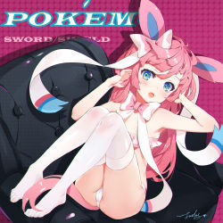 Rule 34 | 1girl, :o, animal ears, armchair, armpits, arms up, ass, bare arms, bare shoulders, bikini, blue eyes, blush, bow, bowtie, cameltoe, chair, copyright name, creatures (company), dotted background, game freak, gen 6 pokemon, hair bow, highres, jiujiuyatou (yayanzz), legs up, long hair, nintendo, open mouth, personification, pink bow, pink bowtie, pokemon, pokemon swsh, signature, solo, straight hair, swimsuit, sylveon, thighhighs, very long hair, white bikini, white thighhighs