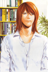 absurdres adam&#039;s_apple bookshelf brown_eyes brown_hair collarbone eyelashes highres hikaru_no_go lips long_hair obata_takeshi plant shirt white_shirt white_undershirt