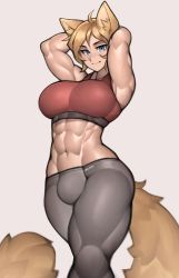 Rule 34 | 1futa, abs, absurdres, animal ears, armpits, arms up, artist name, blonde hair, blue eyes, breasts, bulge, commission, freckles, futanari, grey background, hair between eyes, highres, large breasts, looking at viewer, muscular, muscular female, navel, original, roadi3, short hair, simple background, smile, solo, sports bra, tail, thick thighs, thighs, twitter username, watermark