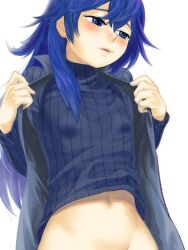 Rule 34 | :o, blue eyes, blue hair, blue tunic, blue undershirt, blush, bottomless, breasts, fire emblem, fire emblem awakening, hip focus, long hair, long sleeves, lucina (fire emblem), matching hair/eyes, milky tossy, navel, nintendo, no pants, open mouth, sexually suggestive, small breasts, tunic, undershirt, undressing, white background