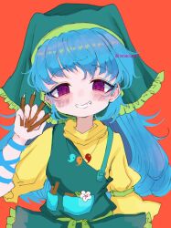 Rule 34 | 1girl, apron, arm ribbon, blue hair, blue ribbon, blush, chisel, dress, flower, green apron, green headwear, grin, haniyasushin keiki, head scarf, highres, holding, jewelry, long hair, looking at viewer, magatama, magatama necklace, necklace, one-hour drawing challenge, orange background, pink eyes, renakobonb, ribbon, simple background, sleeve garter, smile, solo, touhou, twitter username, upper body, white flower, wood carving tool, yellow dress