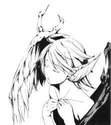 Rule 34 | 1girl, animal ears, bare shoulders, collarbone, closed eyes, female focus, greyscale, hands on own chest, monochrome, music, mystia lorelei, open mouth, realistic, short hair, singing, solo, sousou (sousouworks), touhou, wings