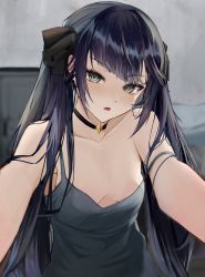 Rule 34 | 1girl, absurdres, black choker, black hair, black ribbon, blurry, blurry background, breasts, choker, collarbone, commentary request, genshin impact, grey eyes, hair ribbon, highres, indoors, long hair, looking at viewer, maya (gpmp3825), mona (genshin impact), outstretched arms, parted lips, ribbon, small breasts, solo, strap slip, twintails, upper body, very long hair