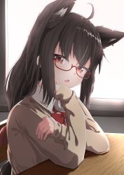 Rule 34 | 1girl, absurdres, ahoge, alternate costume, animal ears, backlighting, black hair, borumete, bow, bowtie, cardigan, classroom, collared shirt, commentary request, crossed arms, desk, eyelashes, fang, fox ears, highres, hololive, indoors, kurokami fubuki, long hair, looking at viewer, open mouth, red-framed eyewear, red bow, red bowtie, red eyes, school desk, semi-rimless eyewear, shirt, sitting, solo, sunlight, virtual youtuber, white shirt, window, wing collar