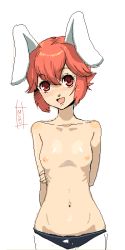 Rule 34 | 1girl, animal ears, arms behind back, breasts, flat chest, mumu, navel, nipples, open mouth, panties, panties only, rabbit ears, red eyes, red hair, short hair, small breasts, smile, solo, topless, underwear, underwear only