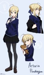 Rule 34 | !, 1girl, absurdres, ahoge, alternate costume, aqua background, artoria pendragon (all), artoria pendragon (fate), black jacket, black pantyhose, black skirt, blonde hair, blue cardigan, blue ribbon, blush, braid, breasts, brown footwear, cardigan, character name, closed mouth, collared shirt, commentary request, cropped torso, fate/grand order, fate/stay night, fate (series), food, french braid, full body, green eyes, hair between eyes, hair ribbon, highres, holding, holding stuffed toy, jacket, loafers, long sleeves, looking at viewer, looking away, miniskirt, mouth hold, multiple views, musical note, nozawa noko, open clothes, open jacket, pantyhose, parted lips, pocky, ribbon, saber (fate), shirt, shoes, short hair, sidelocks, simple background, skirt, small breasts, smile, speech bubble, stuffed animal, stuffed lion, stuffed toy, toy, twitter username, white shirt