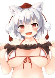 Rule 34 | 1girl, animal ear fluff, animal ears, areola slip, bare shoulders, bikini, bluekalmia, breasts, collarbone, fangs, front-tie bikini top, front-tie top, hat, inubashiri momiji, lifted by self, looking at viewer, medium breasts, open mouth, pom pom (clothes), red eyes, red hat, simple background, solo, swimsuit, tokin hat, touhou, upper body, white background, white bikini, white hair, wolf ears