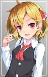 Rule 34 | 1girl, :d, ahoge, ascot, blonde hair, blouse, collared shirt, commentary request, fang, grey background, highres, looking at viewer, open mouth, parted bangs, red ascot, rumia, shirt, simple background, skin fang, smile, solo, touhou, uumaru, white shirt