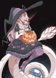 Rule 34 | 1girl, ad-6-0001a, alien, black dress, braid, colored skin, commentary, dress, earth (planet), english commentary, frilled dress, frilled sleeves, frills, full body, halloween, halloween costume, hat, hushabye, jack-o&#039;-lantern, long hair, looking at viewer, monster girl, original, pantyhose, planet, project a.d.a., red eyes, short sleeves, smile, solo, space, striped clothes, striped pantyhose, tail, toeless legwear, tongue, tongue out, twin braids, white hair, white skin, witch, witch hat