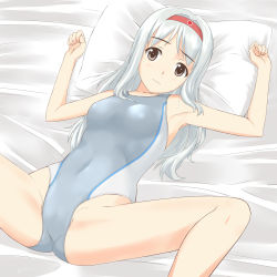 10s 1girl bad_id bad_pixiv_id brown_eyes competition_swimsuit hairband highres kantai_collection long_hair lying one-piece_swimsuit pillow shoukaku_(kancolle) silver_hair spread_legs swimsuit takafumi