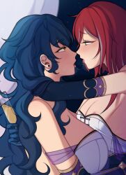 Rule 34 | 2girls, aoba tsugumi, blue hair, blue skirt, breasts, cleavage, dress, earrings, elbow gloves, ensemble stars!, facing another, fishnets, gloves, highres, hug, jewelry, large breasts, long hair, lummy yummy, multiple girls, necklace, night, night sky, pearl necklace, red hair, sakasaki natsume, saliva, saliva trail, short hair with long locks, skirt, sky, small breasts, starry sky print, tongue, tongue out, wavy hair, white dress, white hair, yellow eyes, yuri