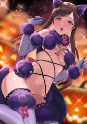 Rule 34 | animal ears, breasts, brown eyes, brown hair, cleavage, cosplay, fate/grand order, fate (series), fur-trimmed gloves, fur-trimmed legwear, fur collar, fur trim, gloves, halloween costume, idolmaster, idolmaster cinderella girls, lace, lace-trimmed legwear, lace trim, mash kyrielight, mash kyrielight (dangerous beast), mash kyrielight (dangerous beast) (cosplay), navel, nitta minami, o-ring, o-ring top, official alternate costume, purple gloves, purple thighhighs, revealing clothes, sakamuke, solo, tail, thighhighs, wolf ears, wolf girl, wolf tail